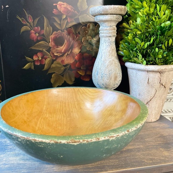 vintage wood bowl green painted bottom primitive French Country cottage decor